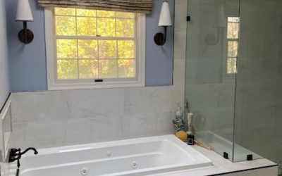 Owner's Bathroom in MD - the glass walls and tub ledge provides a bench seat for the shower.